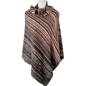 Dark Brown Cowl Neck Sweater Poncho Cape Vertical Stripes Soft O/S